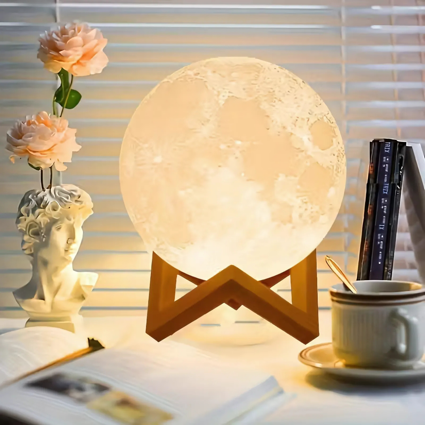 Lámpara Luna 3D con Base de Madera