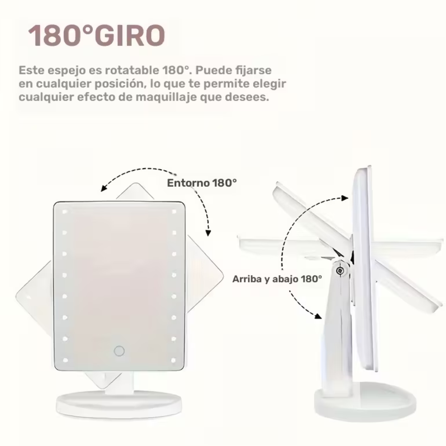 Espejo LED de mesa rectangular con rotación de 180°.