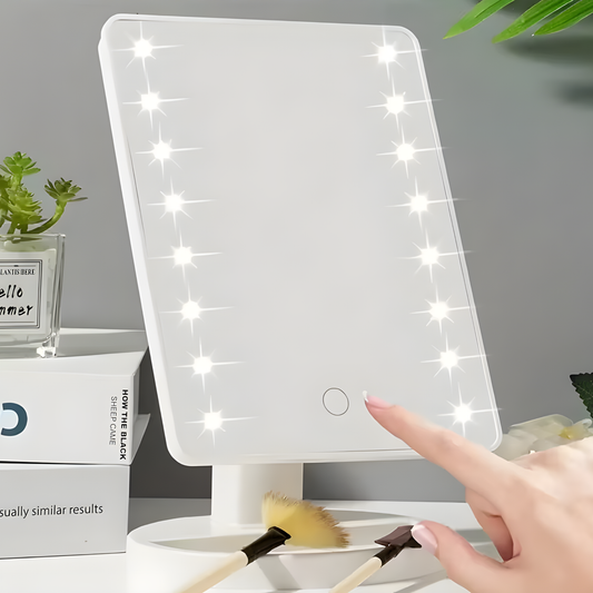 Espejo LED de mesa rectangular con rotación de 180°.