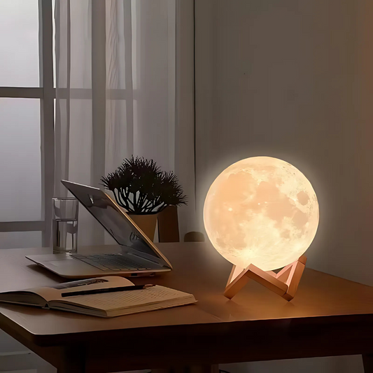 Lámpara Luna 3D con Base de Madera